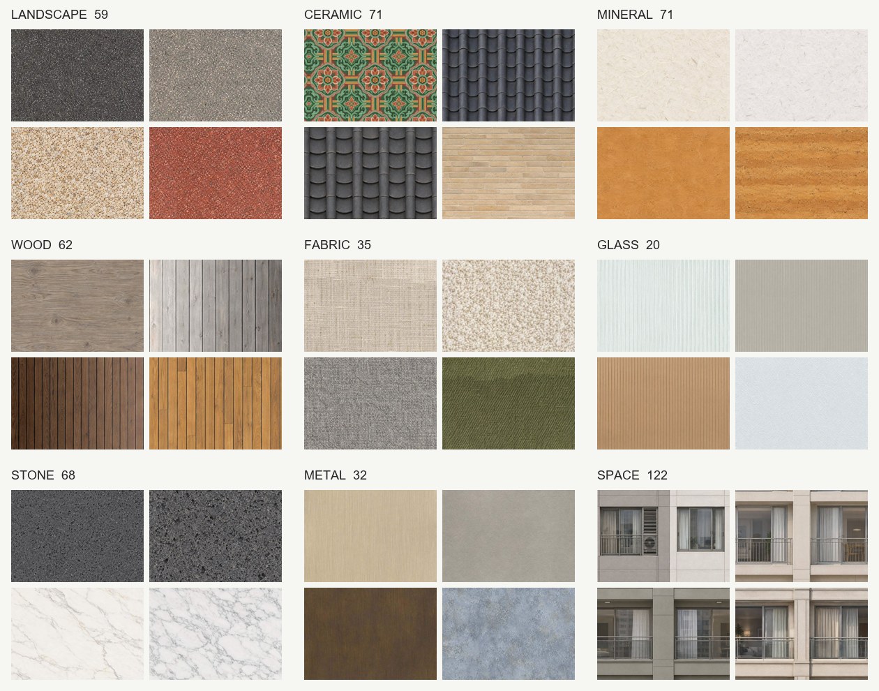 9개 분류별 실제 재료 예시. LANDSCAPE 59, CERAMIC 71, MINERAL 71, WOOD 62, FABRIC 35, GLASS 20, STONE 68, METAL 32, SPACE 122